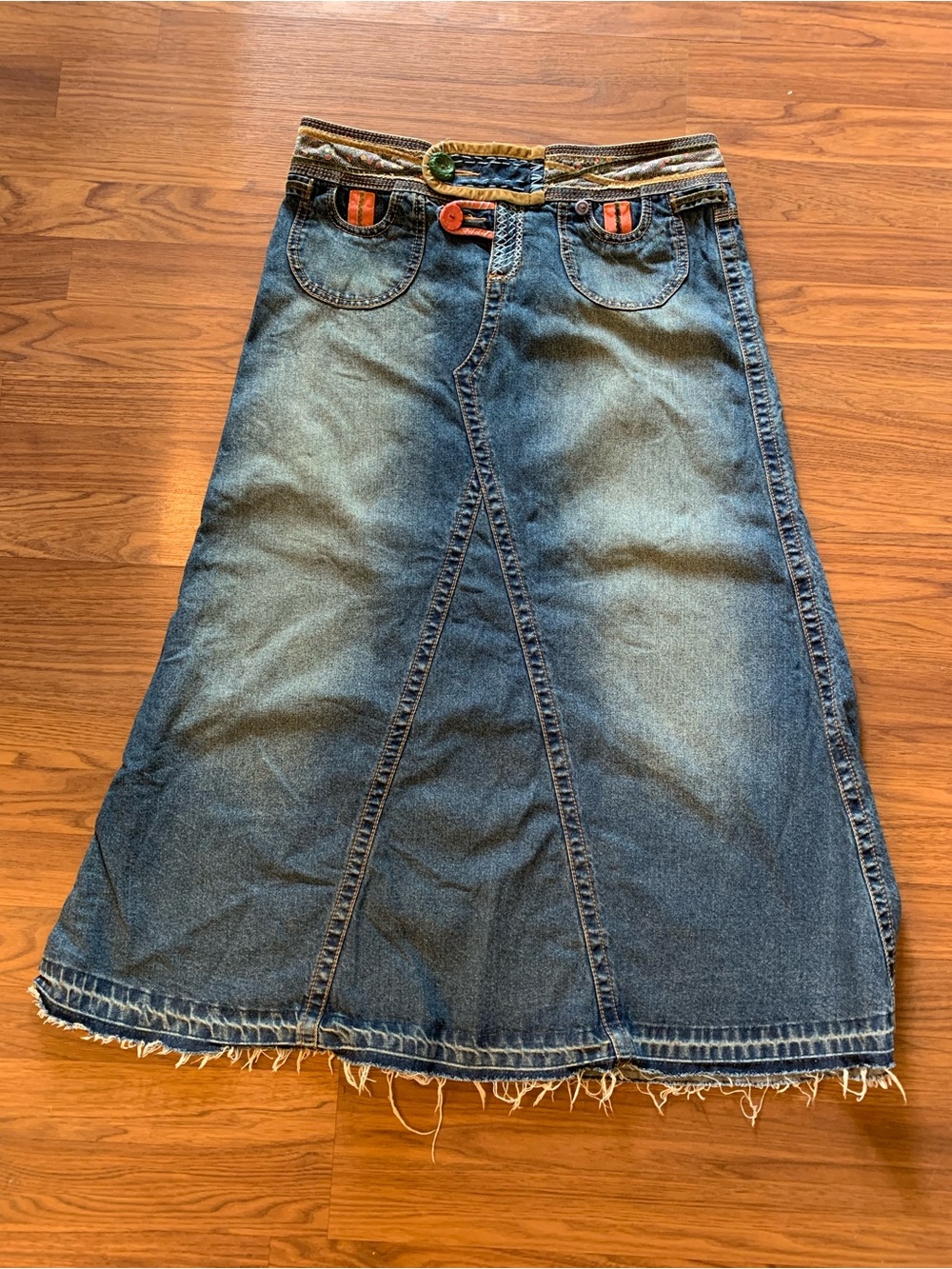 CAbi Blue Denim A-Line Maxi Skirt with Fringe Hem